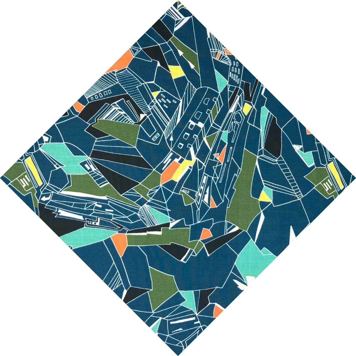 geometric abstract farmland and buildings on a blue pocket square