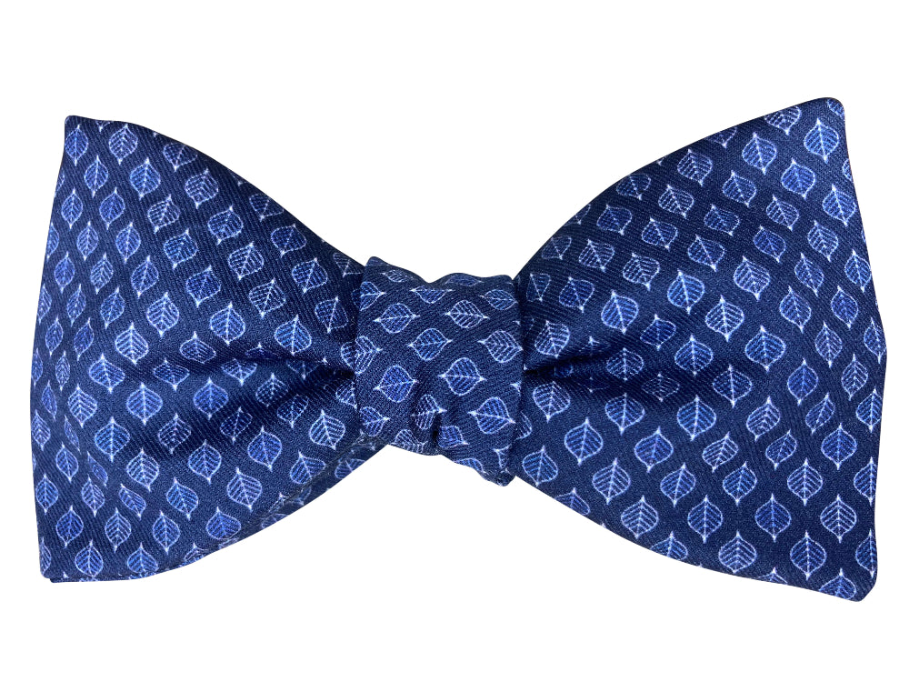 Blue self tie bow tie with leaf pattern