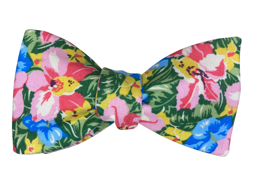 pink blue and green orchids self tie bow tie