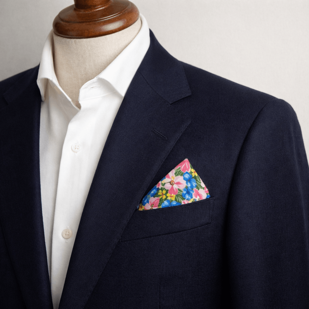 vibrant tropical orchid tumble pocket square in blue blazer pocket