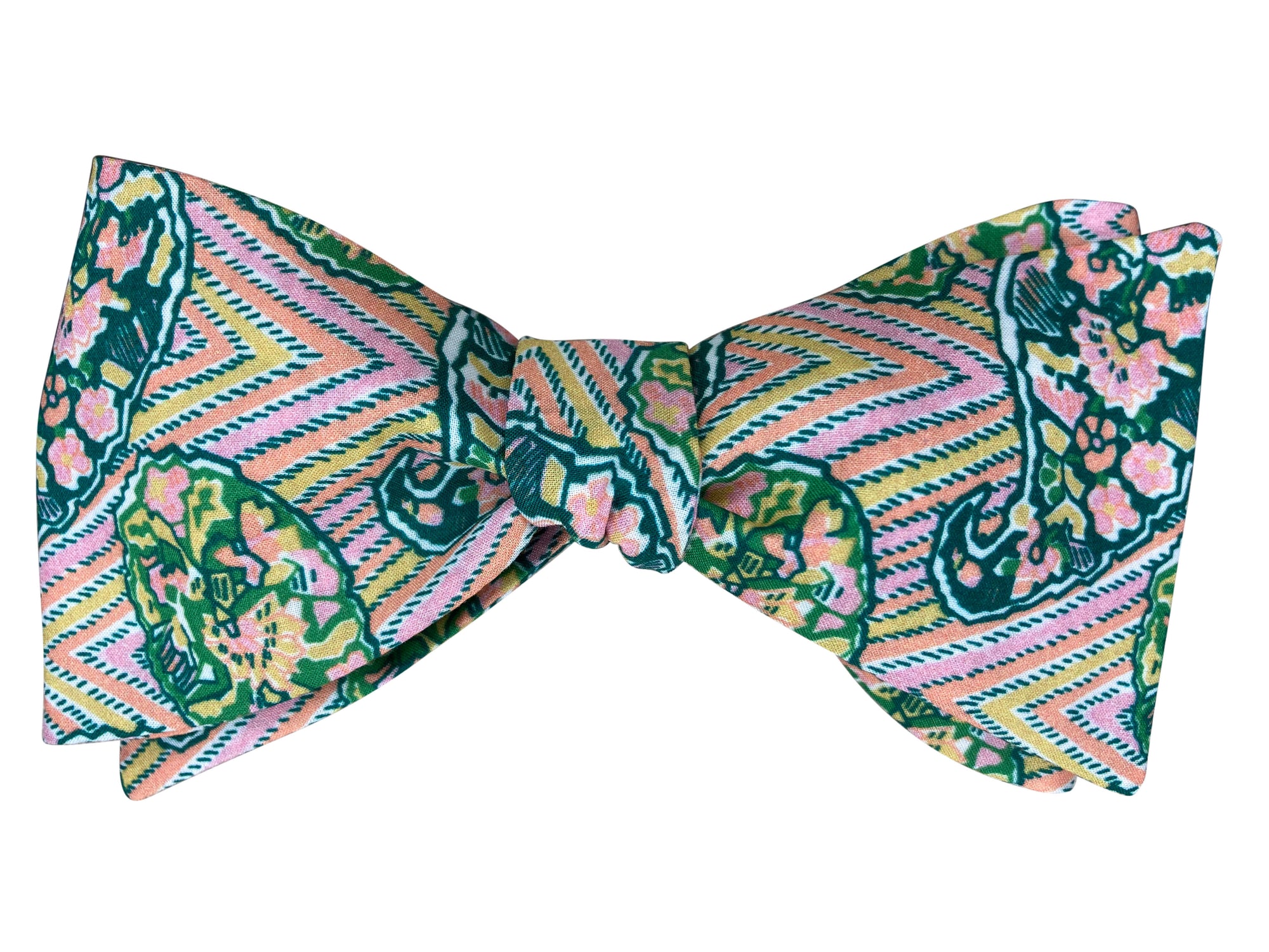 pink and green modern paisley self tie bow tie