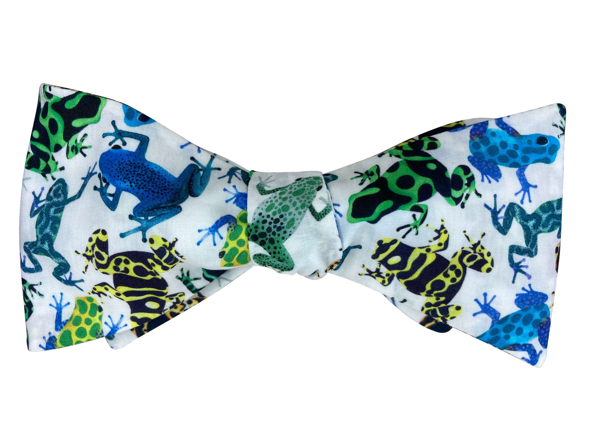 blue green and yellow tropical frogs self tie bow tie