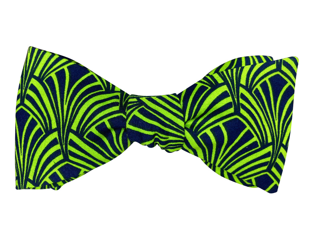lime green and navy art deco self tie bow tie