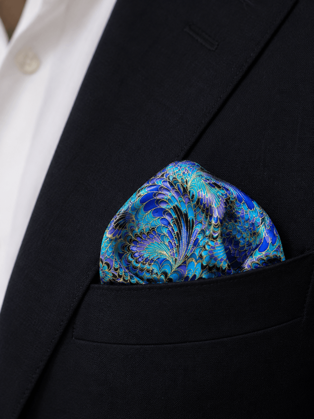 majestic peacock pocket square in blazer