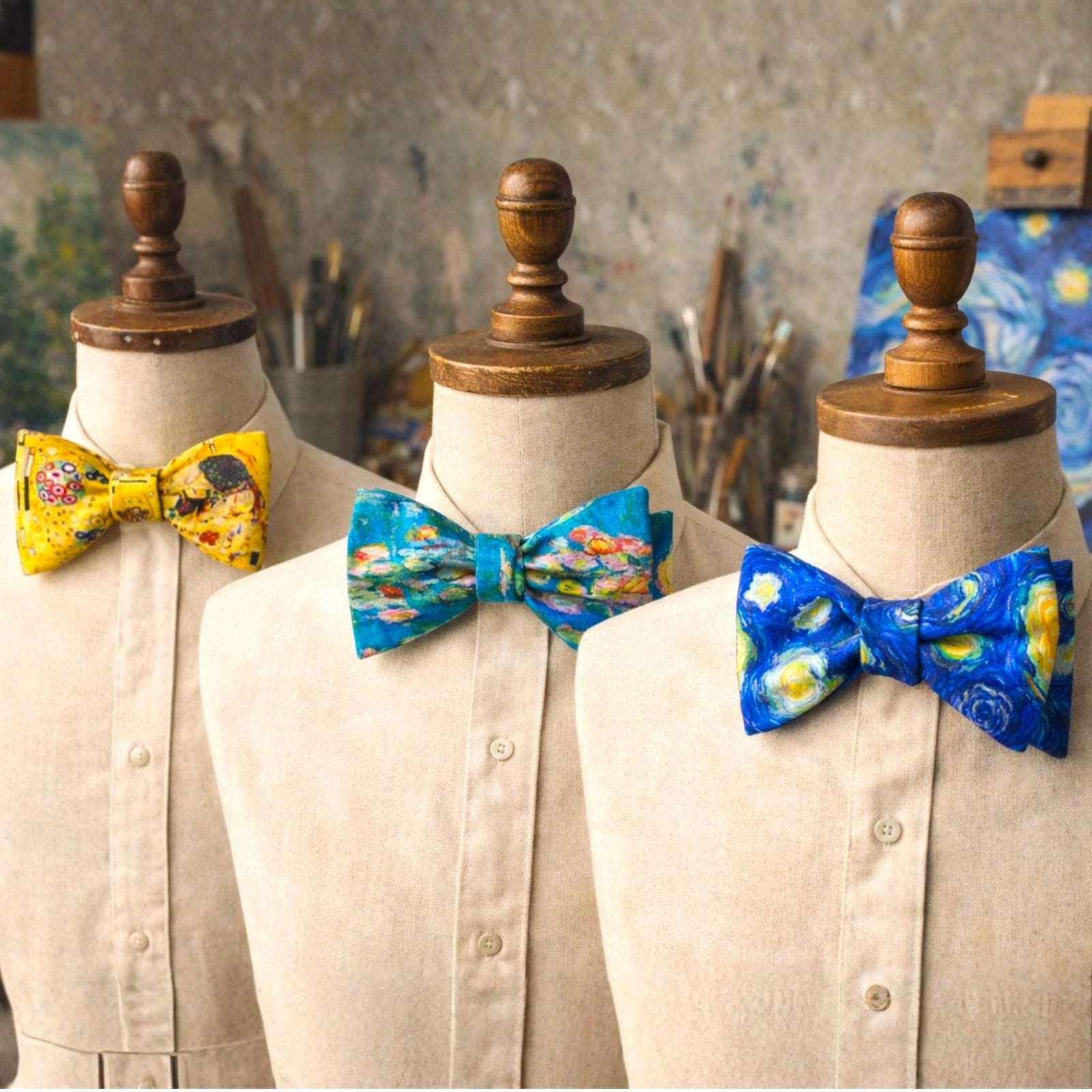 three artists bow ties in an artists studio setting. The kiss, monets waterlilies, van gogh starry night