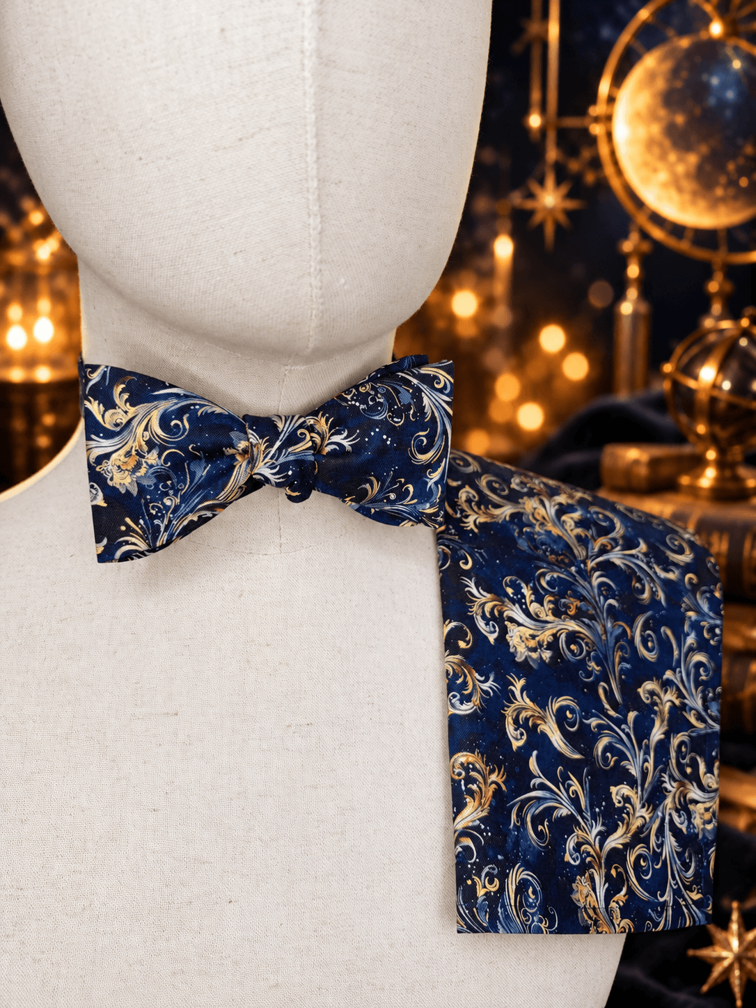 navy blue and gold baroque pocket square and bow tie