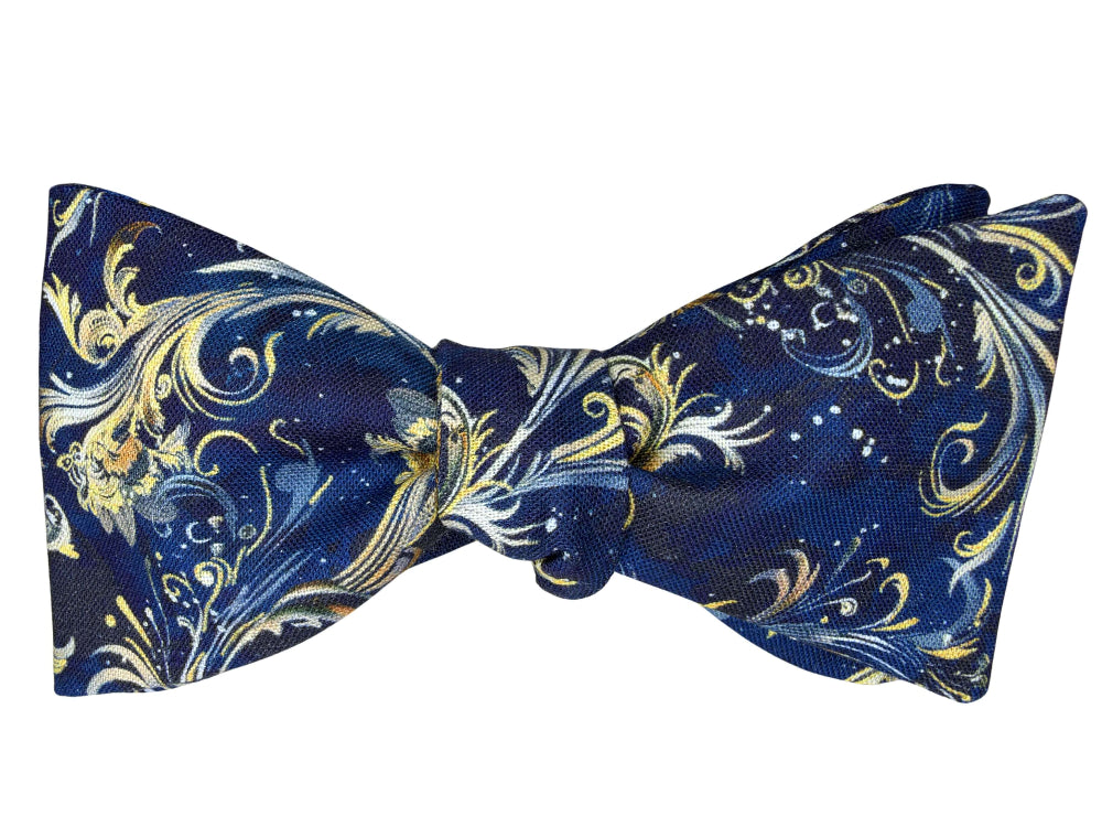 navy blue and gold baroque self tie bow tie