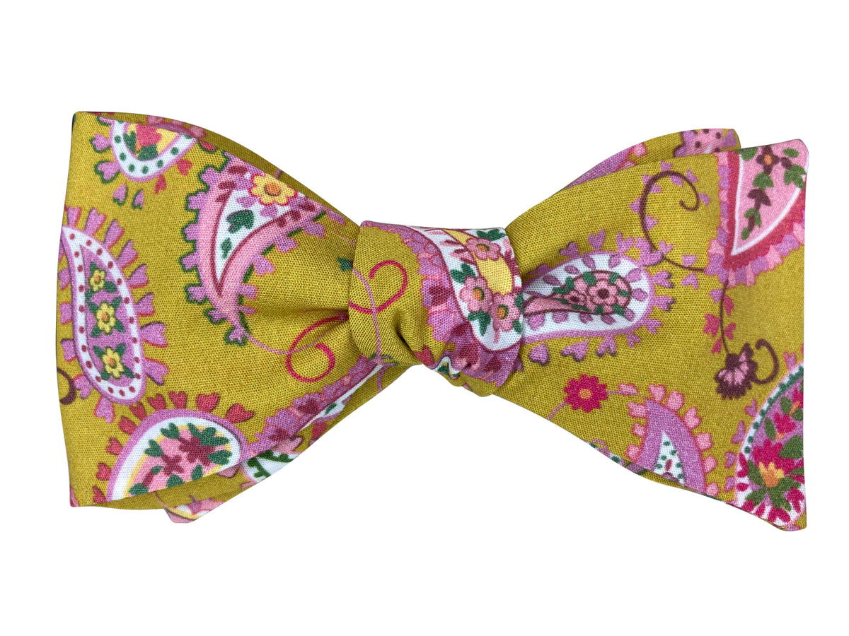green and pink paisley self tie bow tie