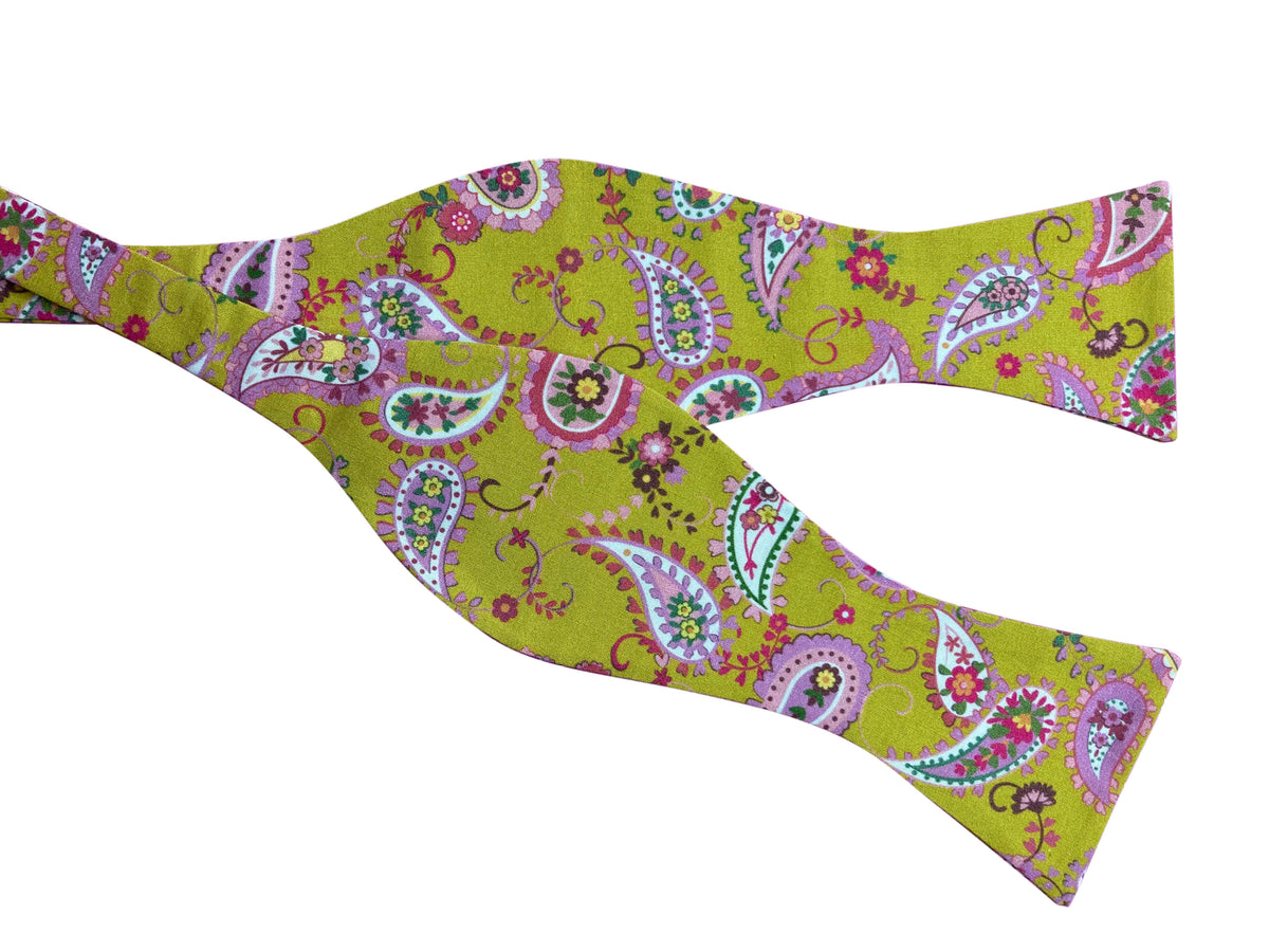 green and pink paisley self tie bow tie