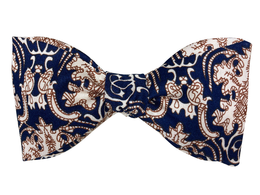 navy blue ivory and brown abstract self tie bow tie
