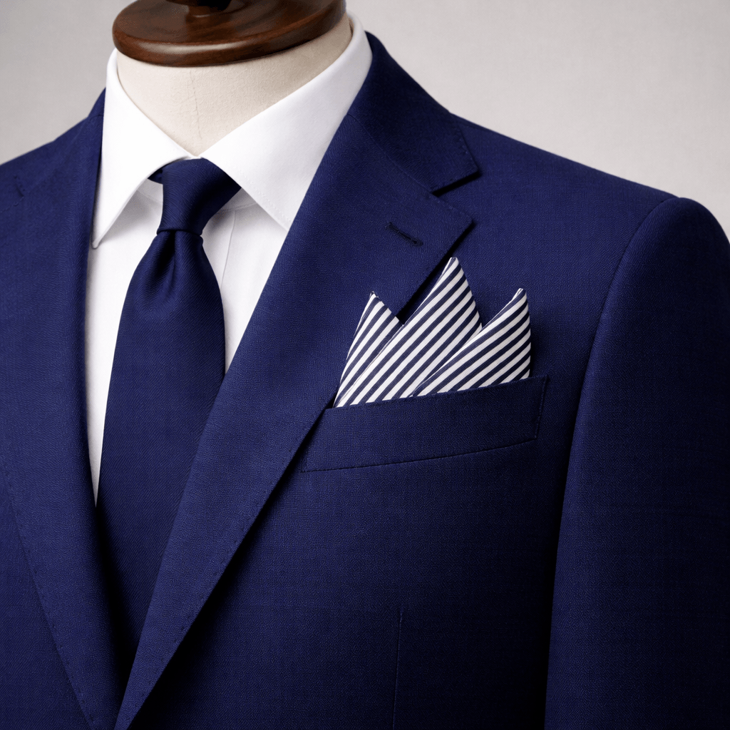 Navy blue and white stripe pocket square in a blue blazer