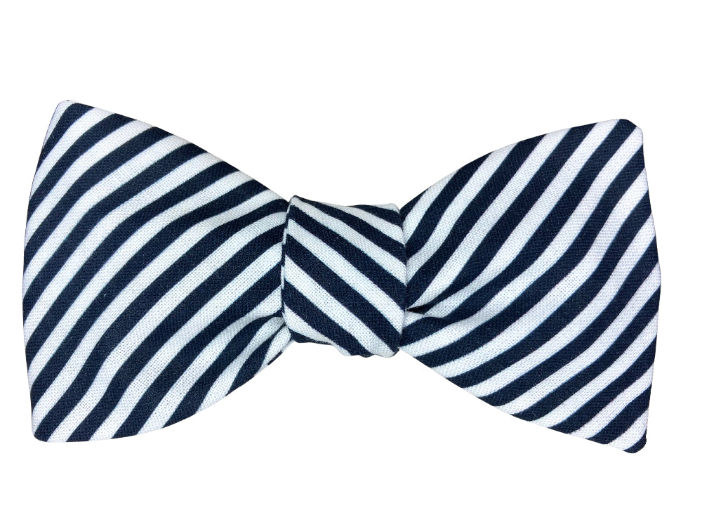 navy blue and white diagonal stripe self tie bow tie
