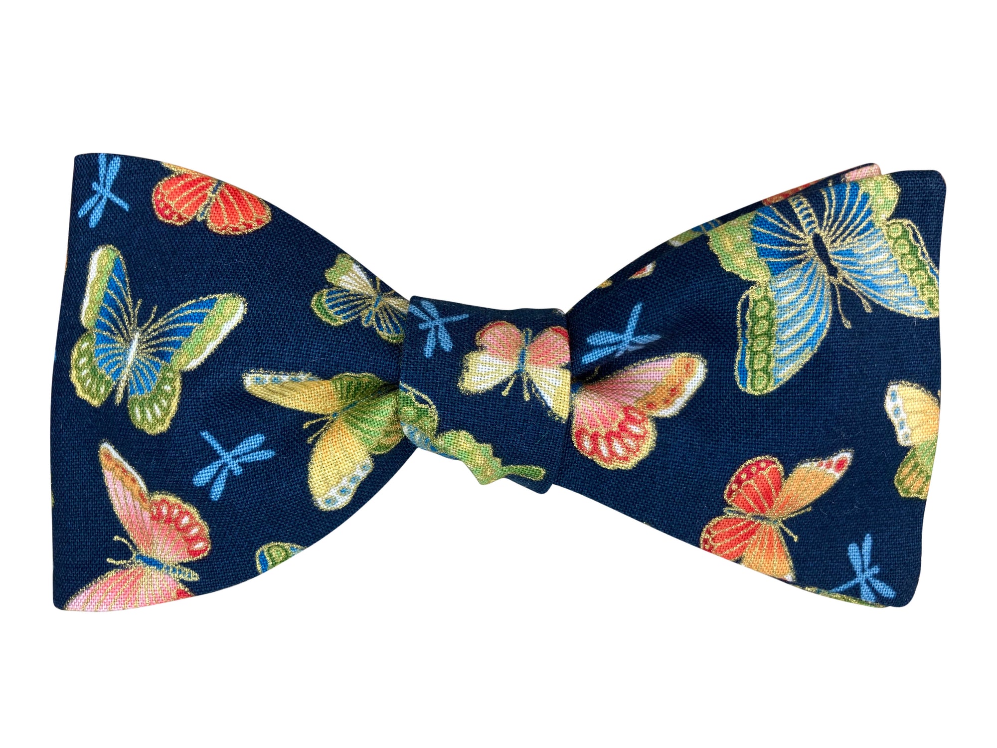 navy blue and colourful butterflies self tie bow tie