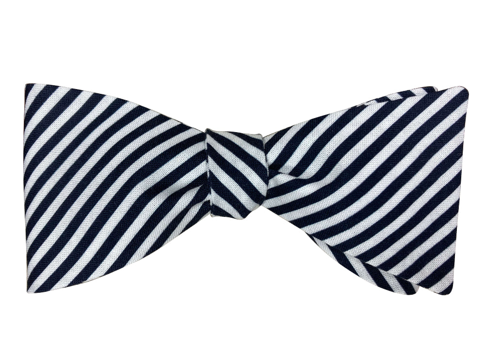 navy blue and white diagonal stripe self tie bow tie