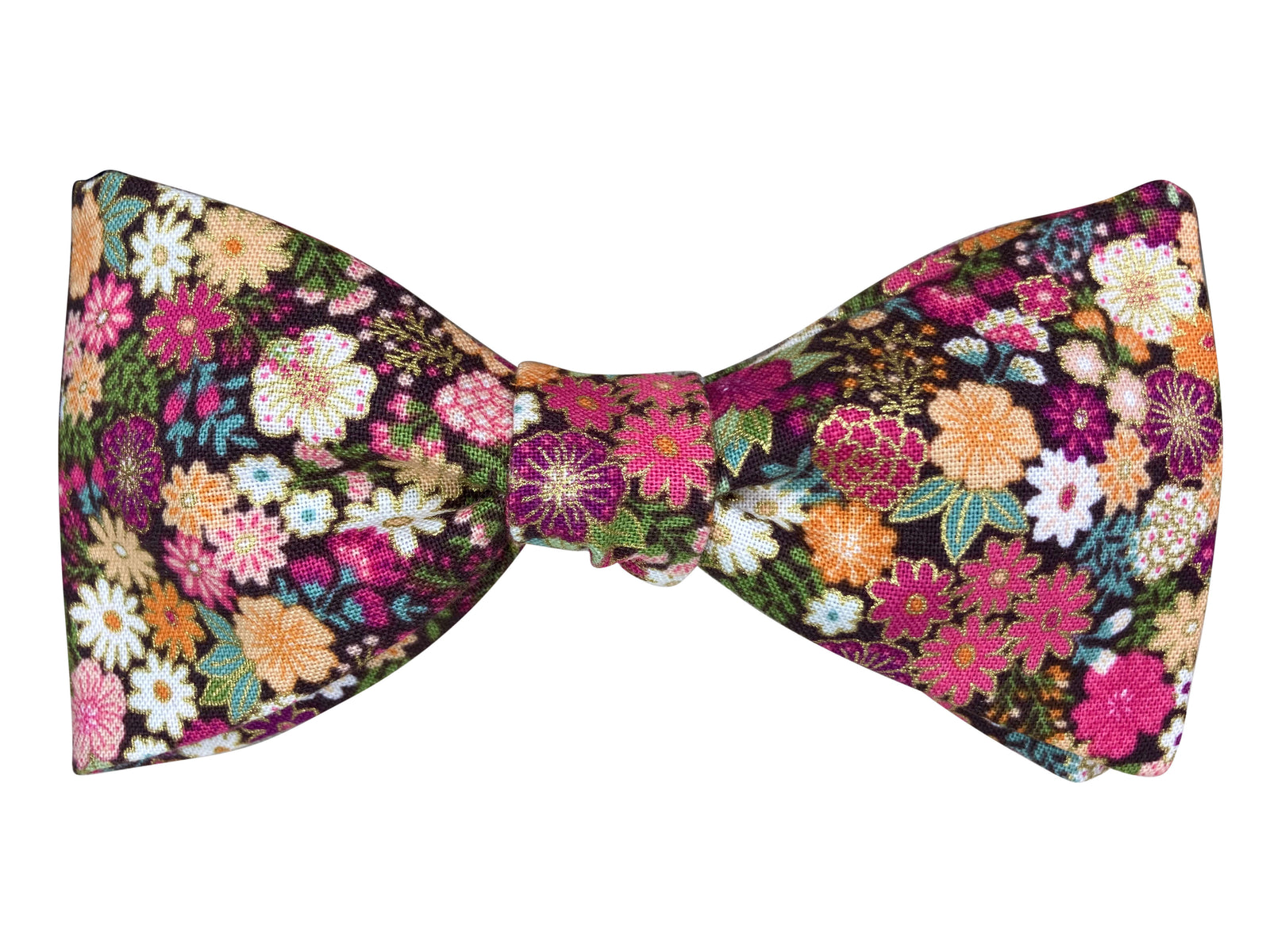 pink and brown floral with metallic gold self tie bow tie