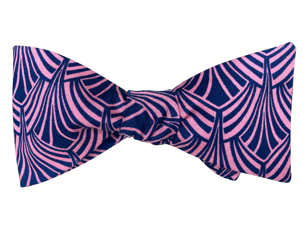 pink and blue art deco self tie bow tie