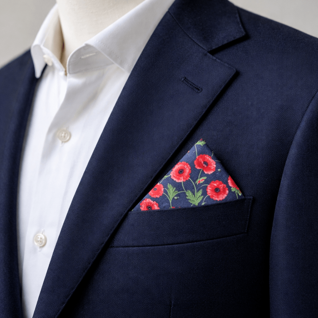 red and green poppies and bees on black pocket square in a blue blazer pocket
