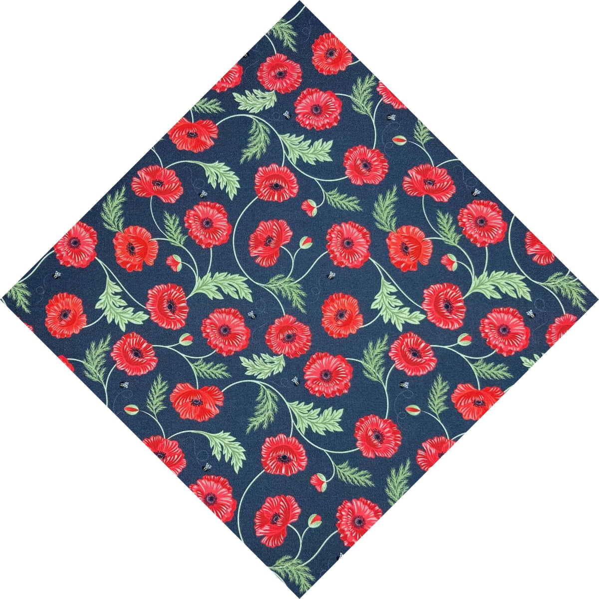 red and green poppies and bees on black pocket square