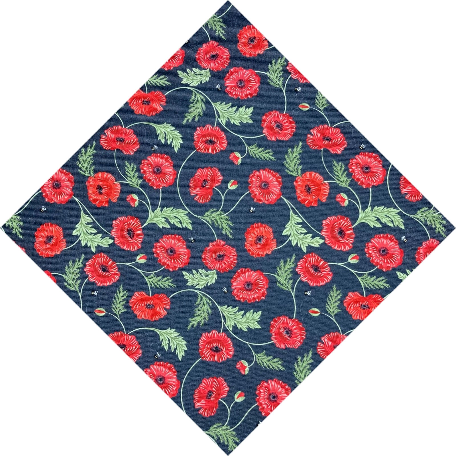 red and green poppies and bees on black pocket square