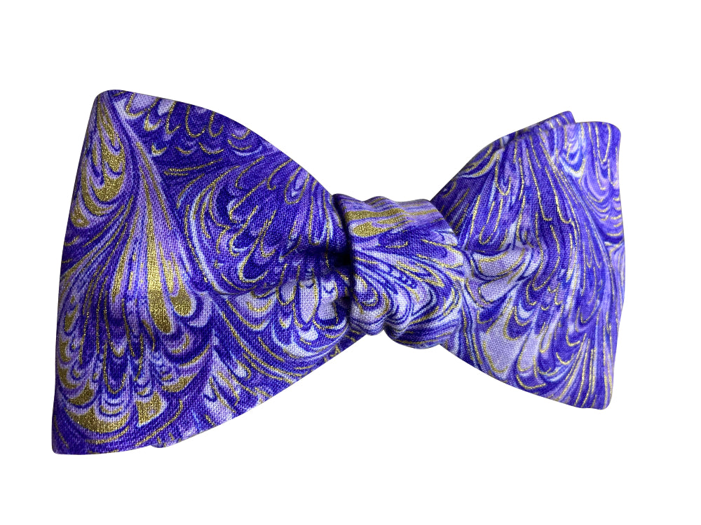 purple and gold feather self tie bow tie