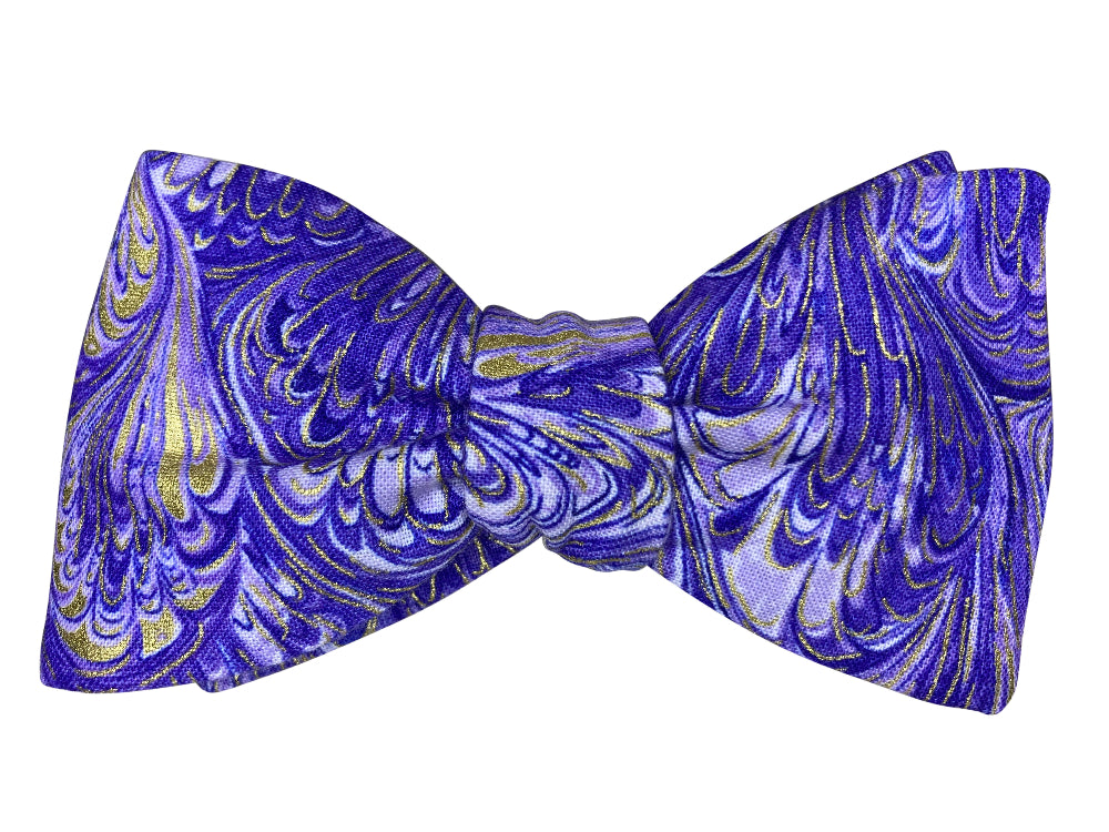 purple and gold feather self tie bow tie