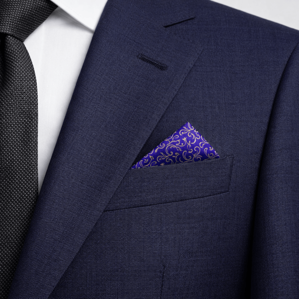 purple and gold pocket square in a blue blazer