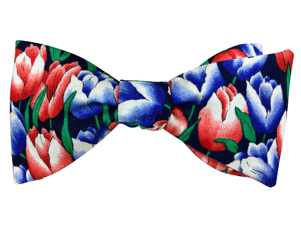 blue and red tulips self tie bow tie