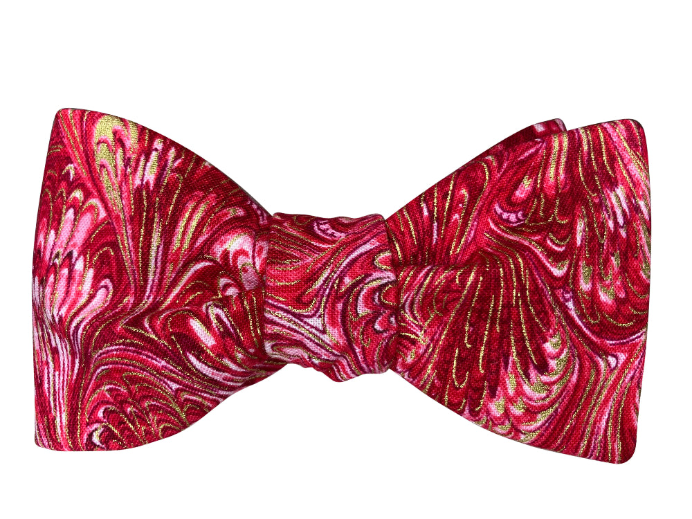 red and gold marbled feathers self tie bow tie