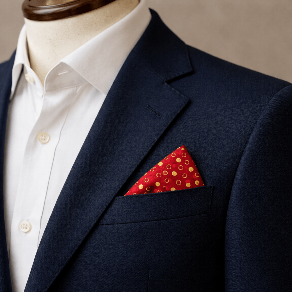 red and gold floral dots pocket square in a blue blazer pocket