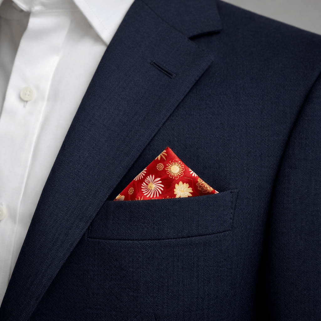 red gold and white floral pocket square in a blue blazer