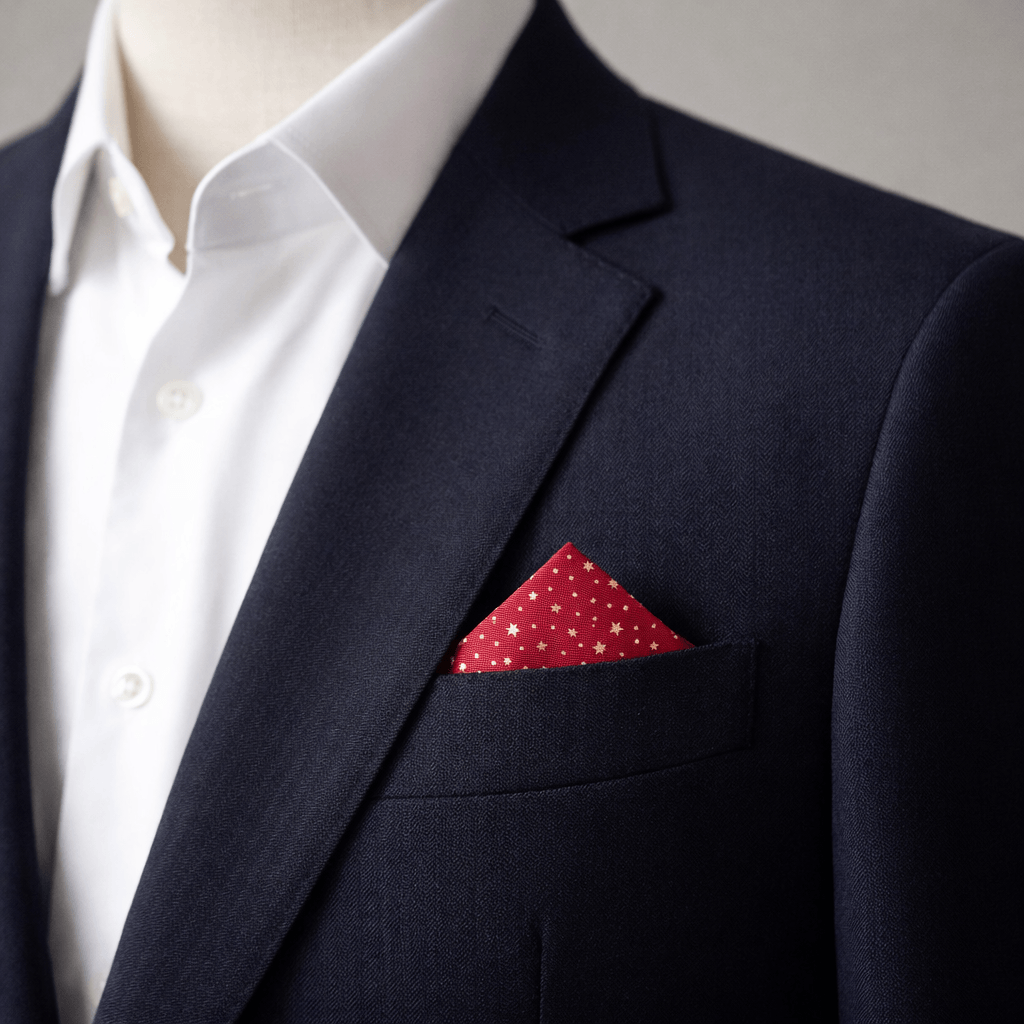 bright red and metallic gold stars pocket square in a blue blazer pocket