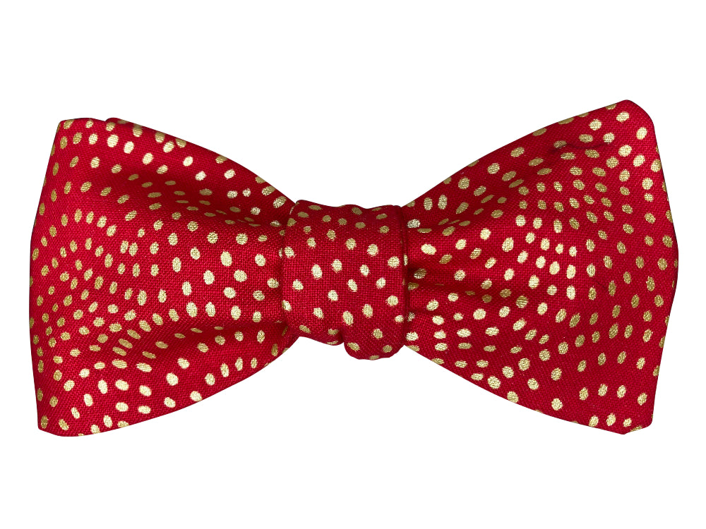 red and metallic gold swirling polka dots self tie bow tie
