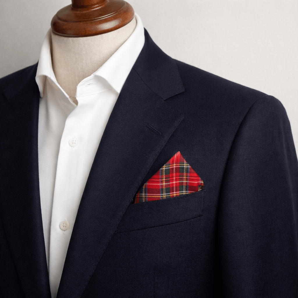 royal stewart red tartan pocket square in blue blazer pocket