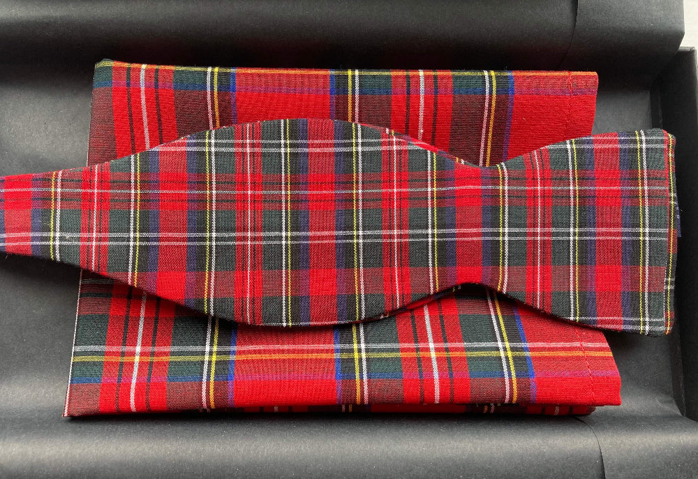 red royal stewart tartan self tie bow tie and pocket square