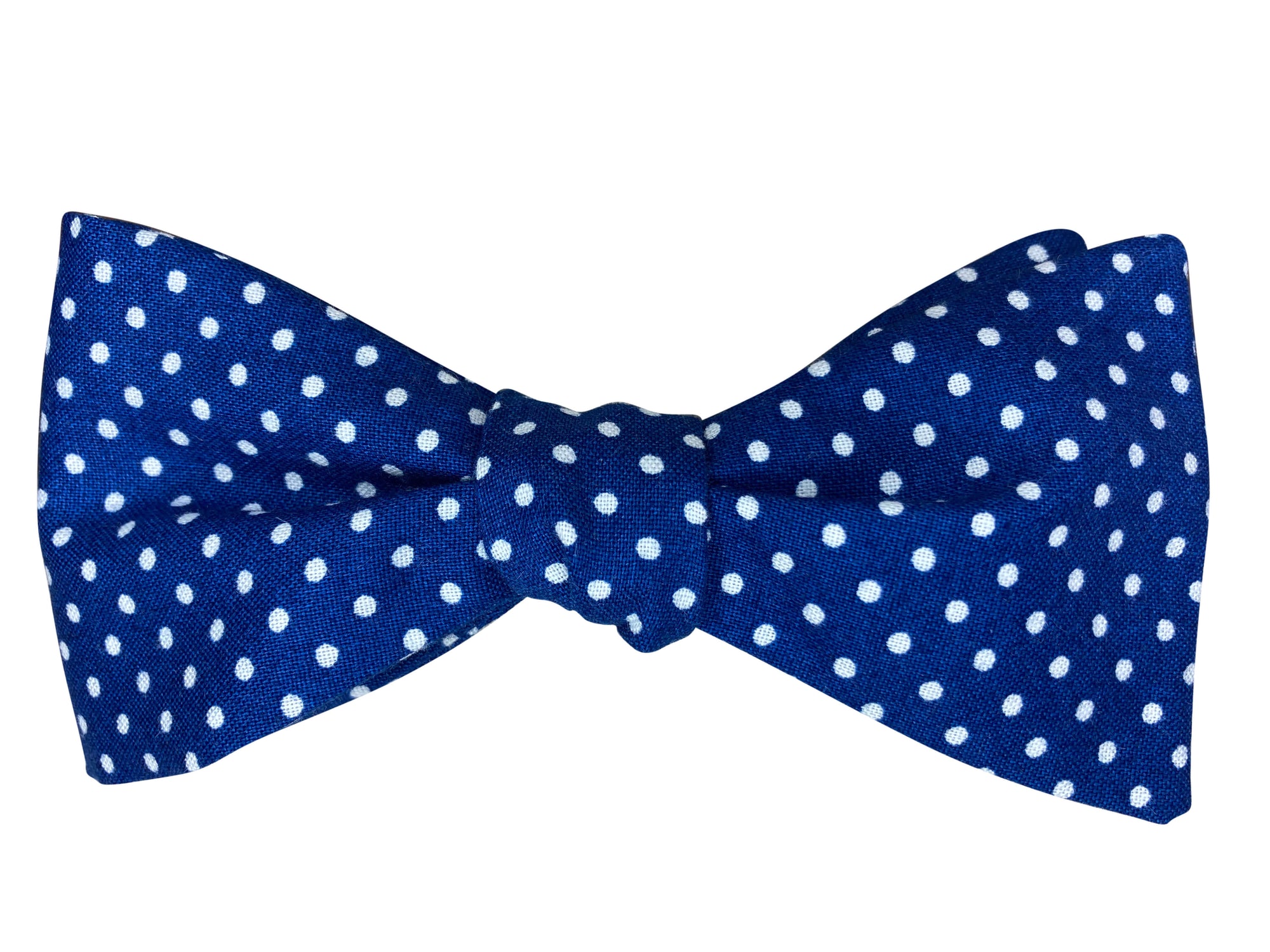 royal blue and white polka dot self tie bow tie