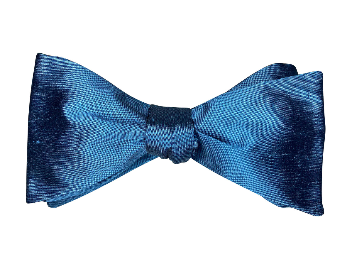 steel blue silk self tie bow tie