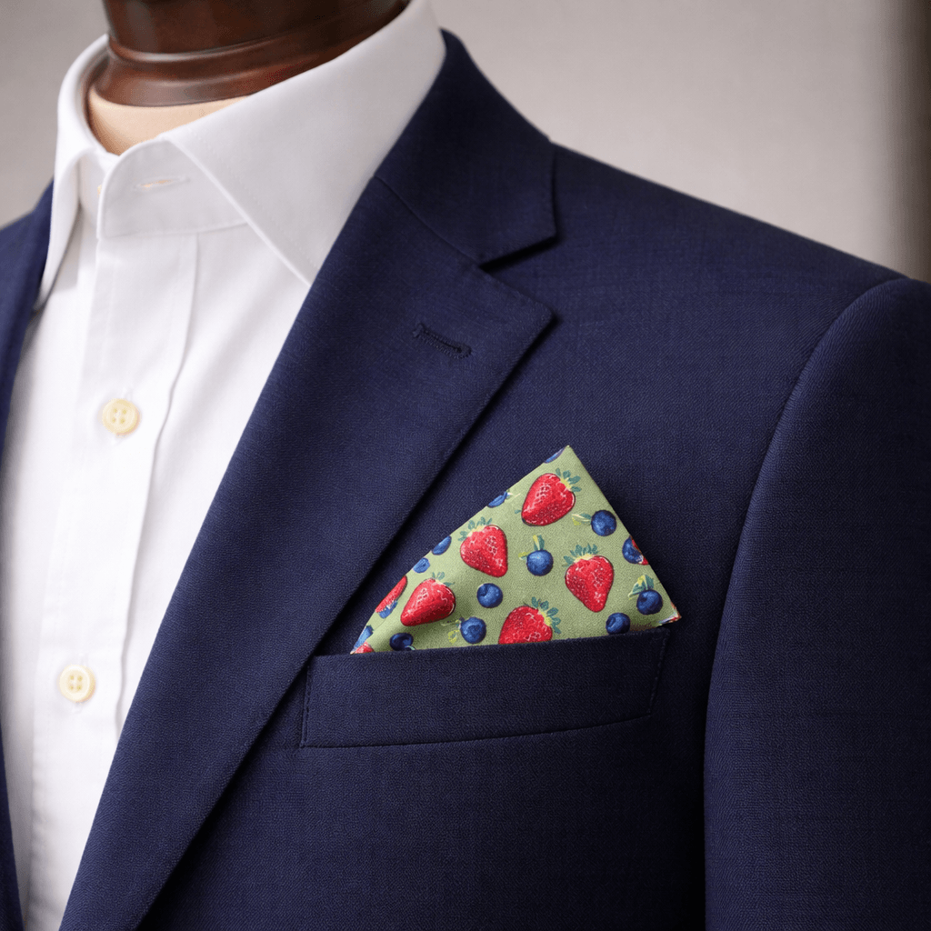 strawberries and blueberries green pocket square in blue blazer pocket