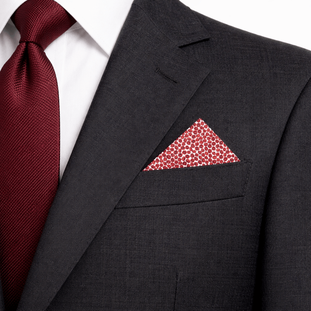 tiny red poppies on white pocket square in a grey blazer pocket