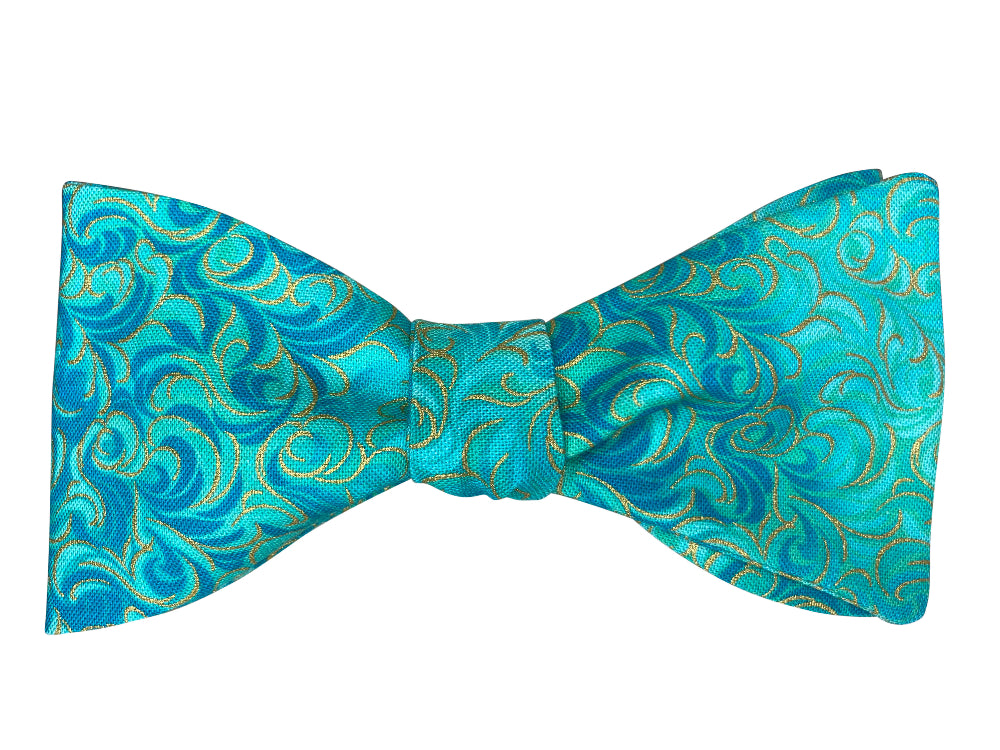 turquoise and metallic gold swirls self tie bow tie