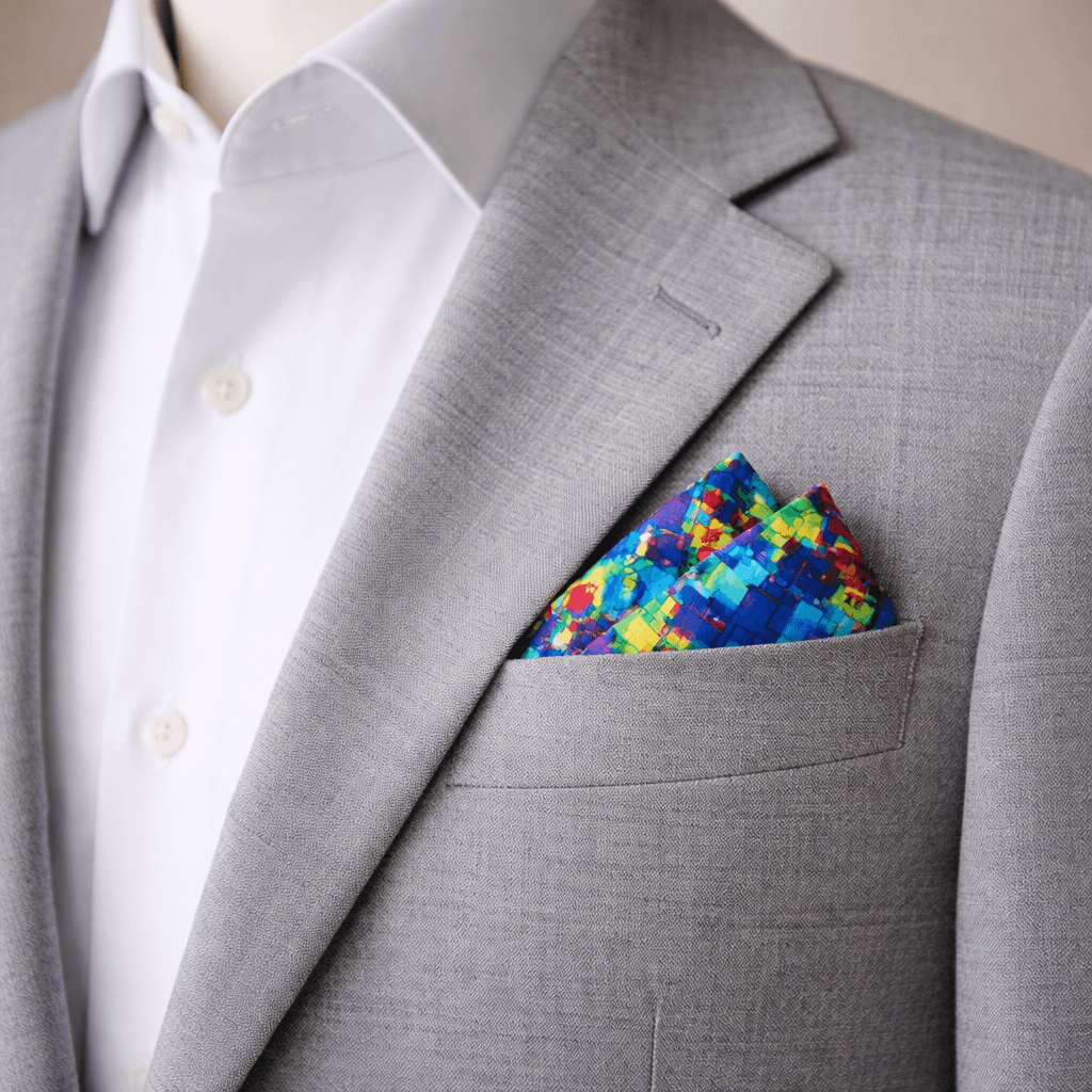vibrant cubism blue and multicolour pocket square in a grey blazer