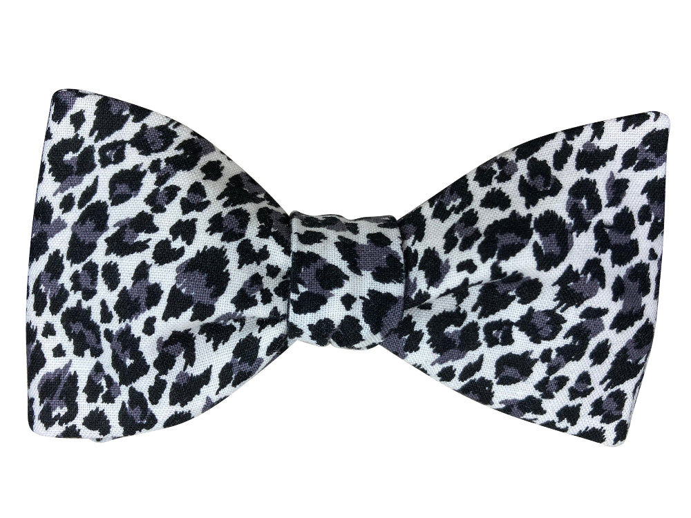 black grey and white leopard print self tie bow tie