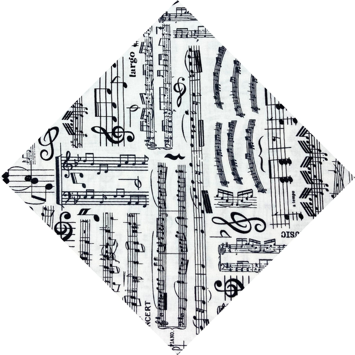 A pocket square featuring a black musical sheet music print on a white background.