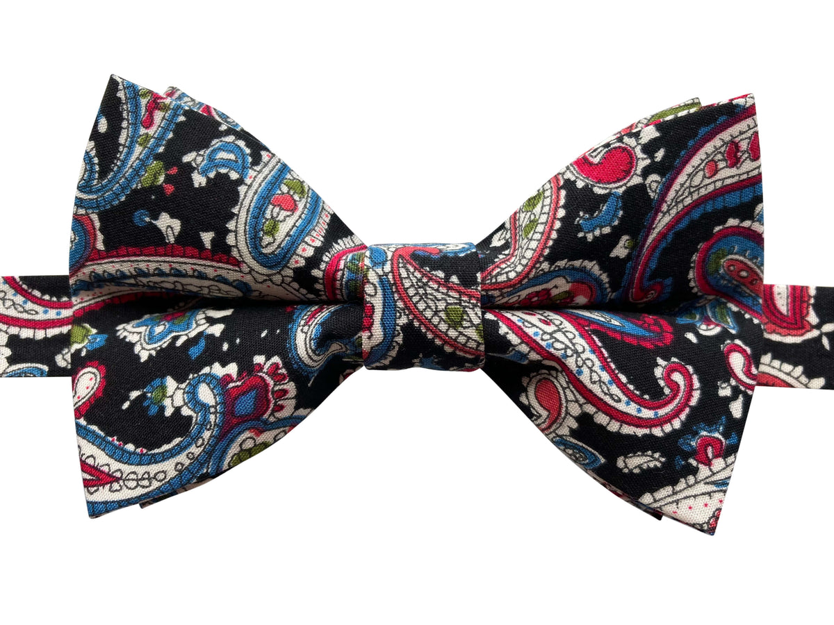 black and red paisley pre tied bow tie