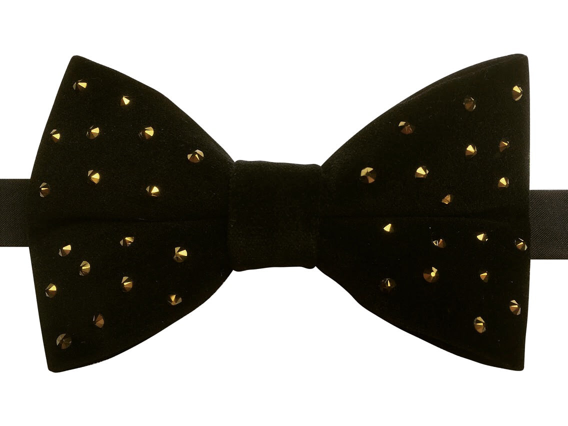 Black Velvet Bow Tie with Gold Swarovski Crystals