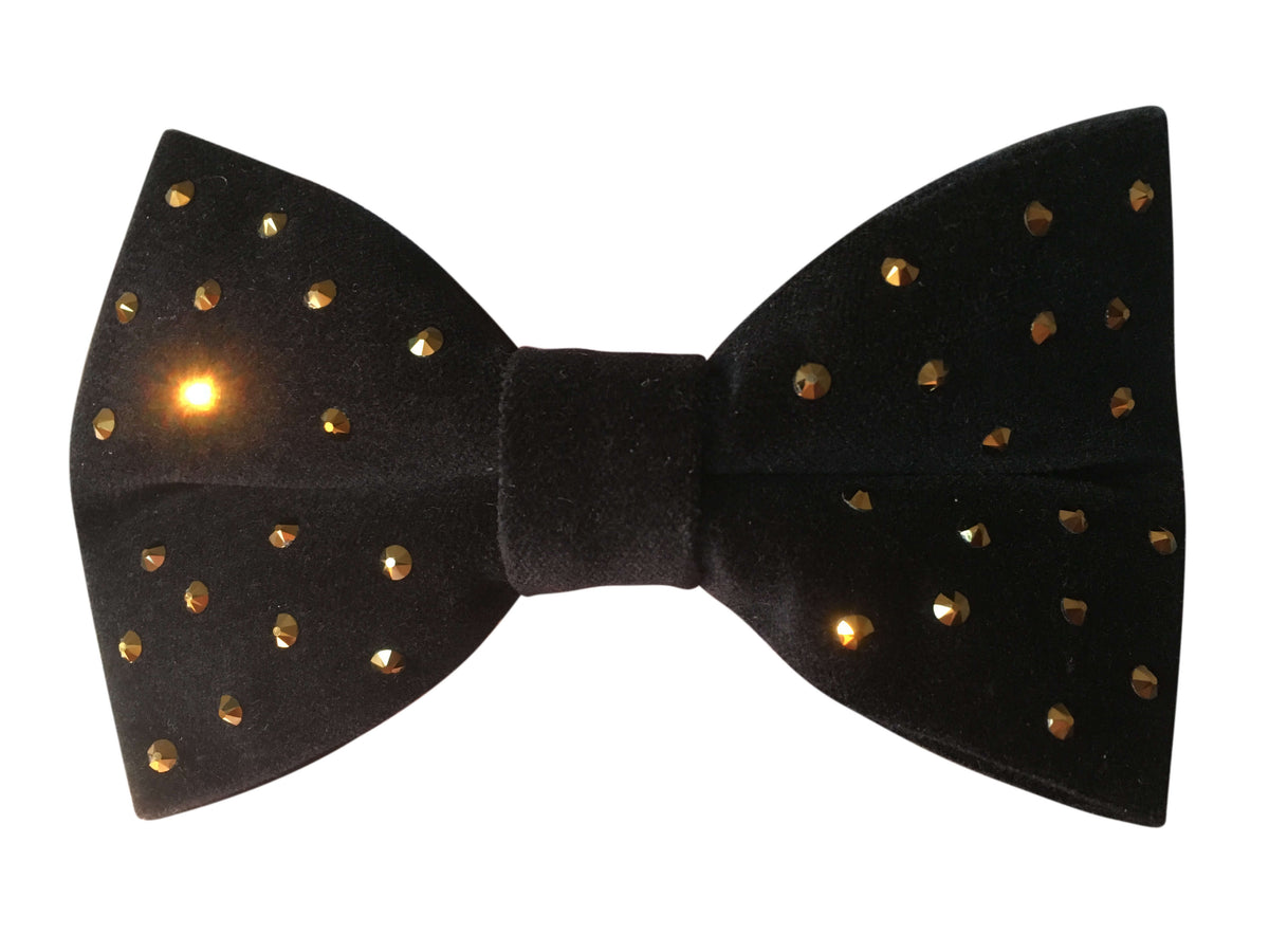 Black Velvet Bow Tie with Gold Crystals