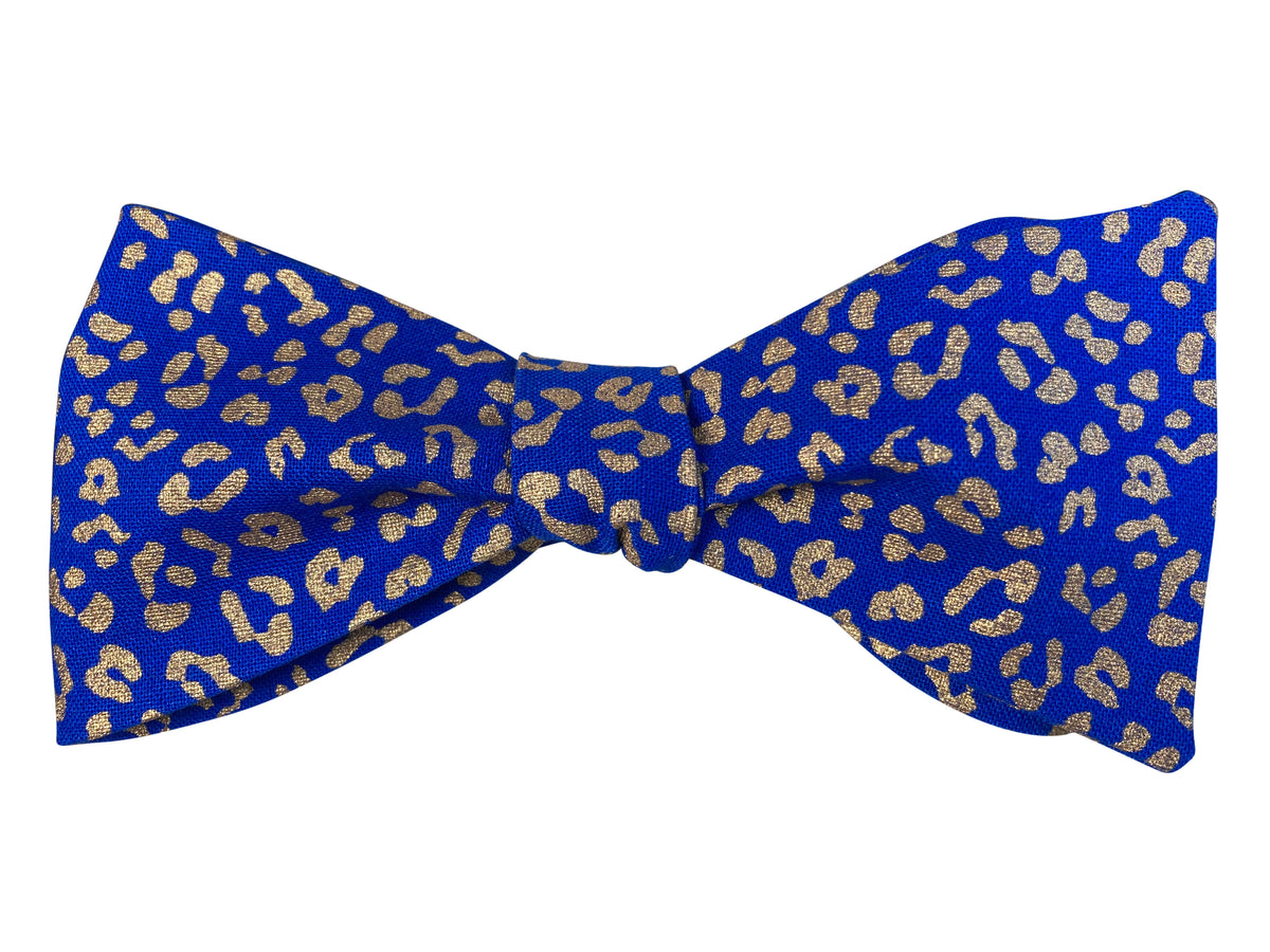 blue and gold leopard print self tie bow tie