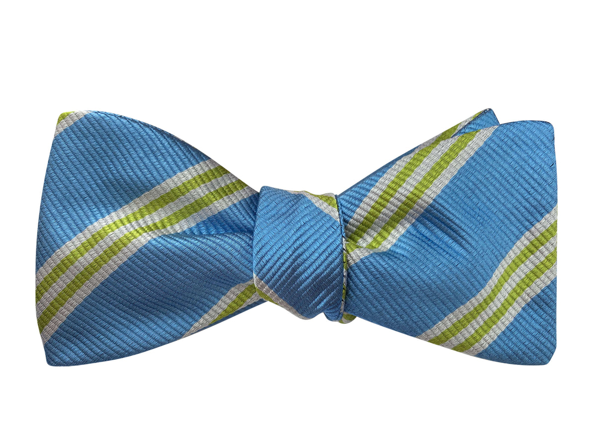 Blue green and silver stripe Jacquard silk self-tie bow tie
