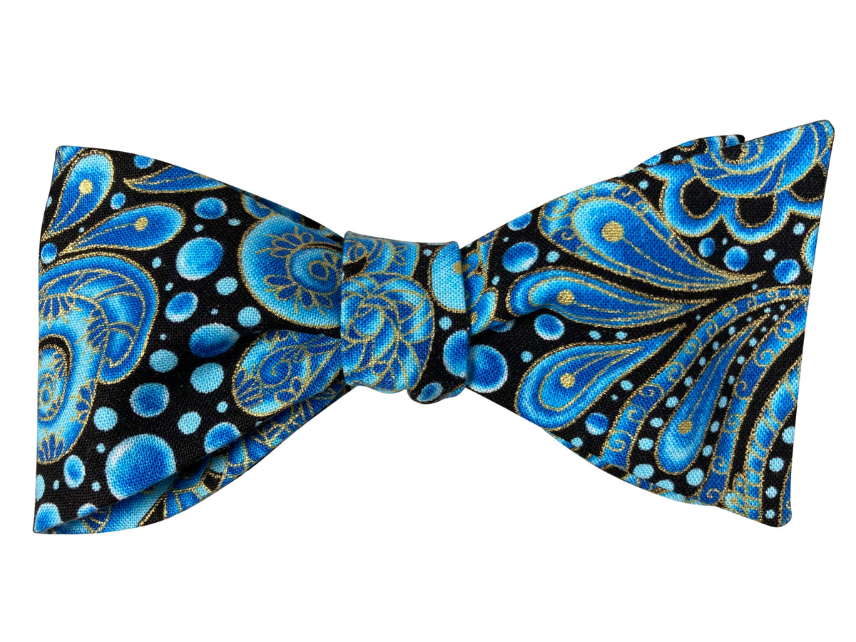blue paisley and bubbles self tie bow tie