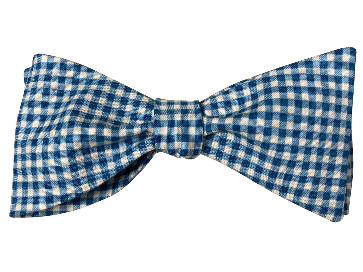 blue and white gingham self tie bow tie