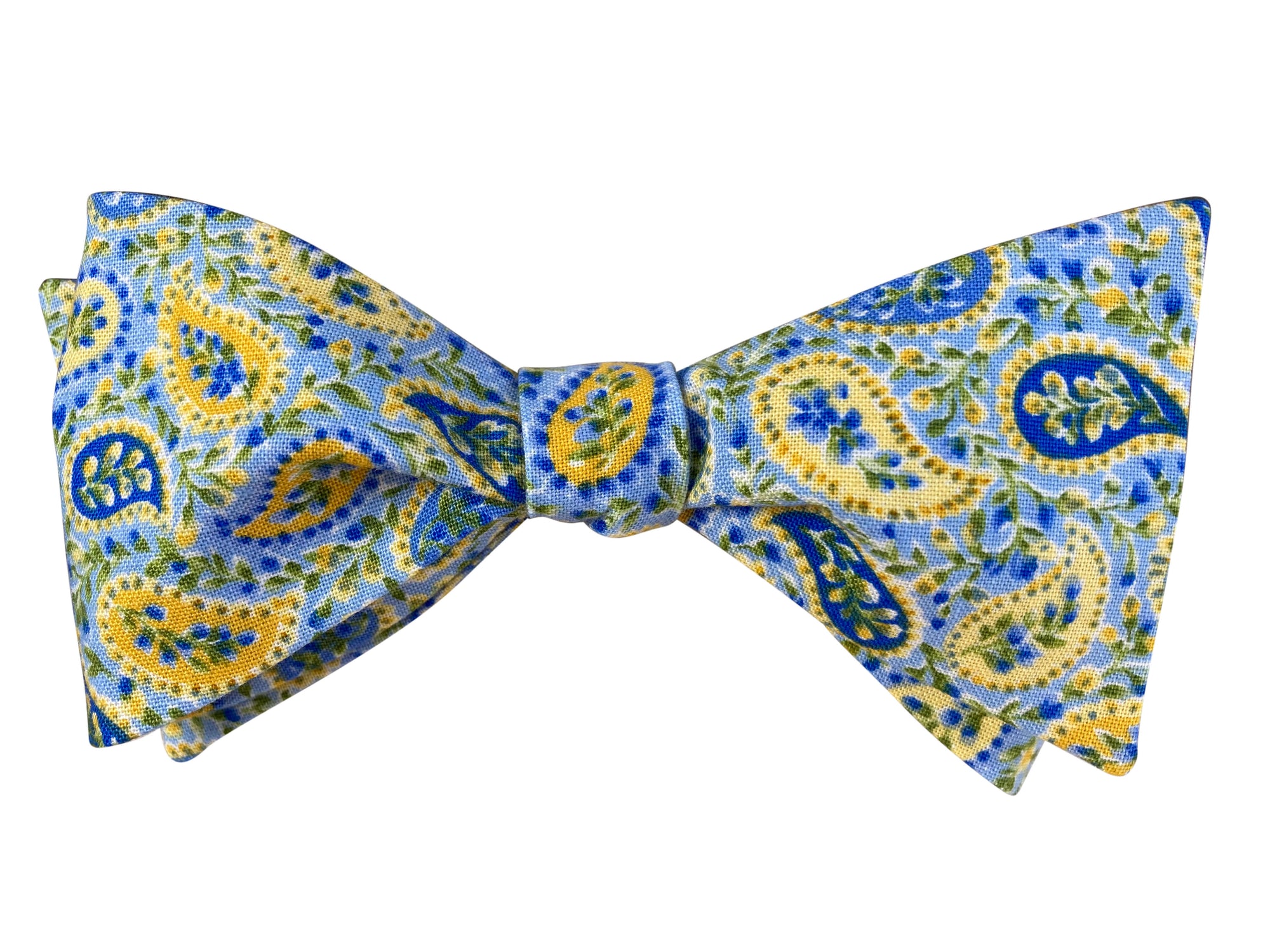 Pale blue and yellow paisley self tie bow tie